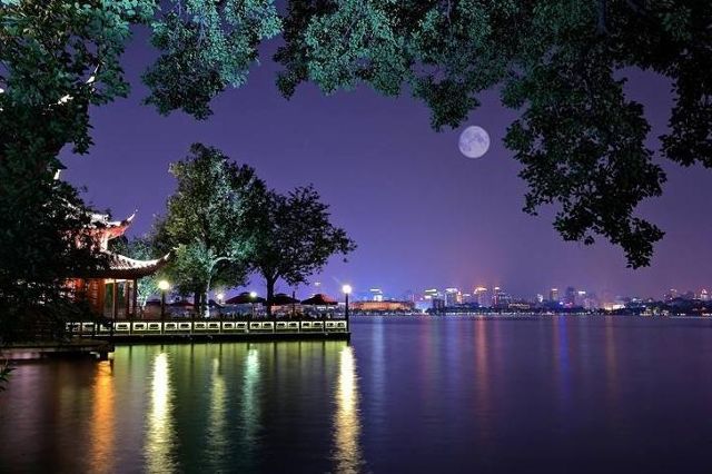 Autumn Moon Over Calm Lake